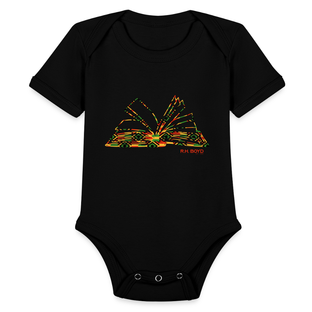 Kente Book – Short Sleeve Baby Bodysuit - front new - black