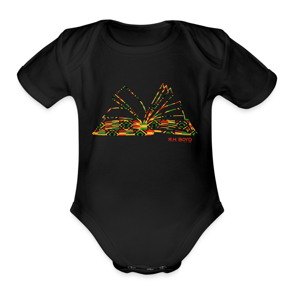 Kente Book – Short Sleeve Baby Bodysuit - front new - black