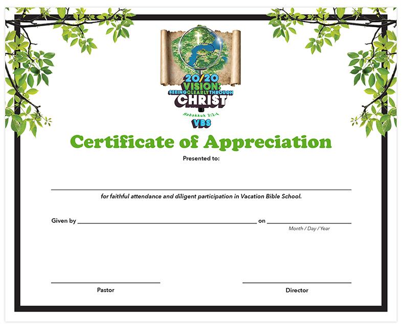 2020 VBS Certificate of Appreciation, Pack of 6